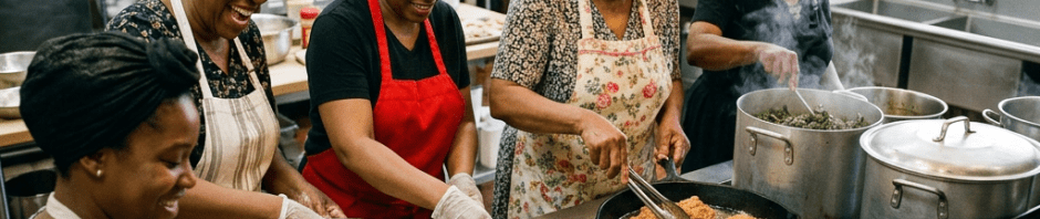 Five women in aprons cooking and frying food together in a commercial kitchen
